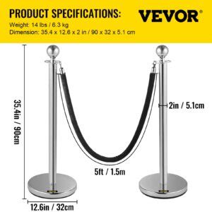 VEVOR Velvet Ropes and Posts 2 Pcs, 5 ft Black Velvet Rope, 